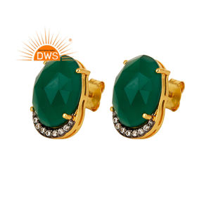 Green Onyx Gemstone Zircon Set Earrings Indian Gold Plated Jewelry Designer Sterling <b>Silver</b> <b>Stud</b> Earrings Wholesale - Product Image 1