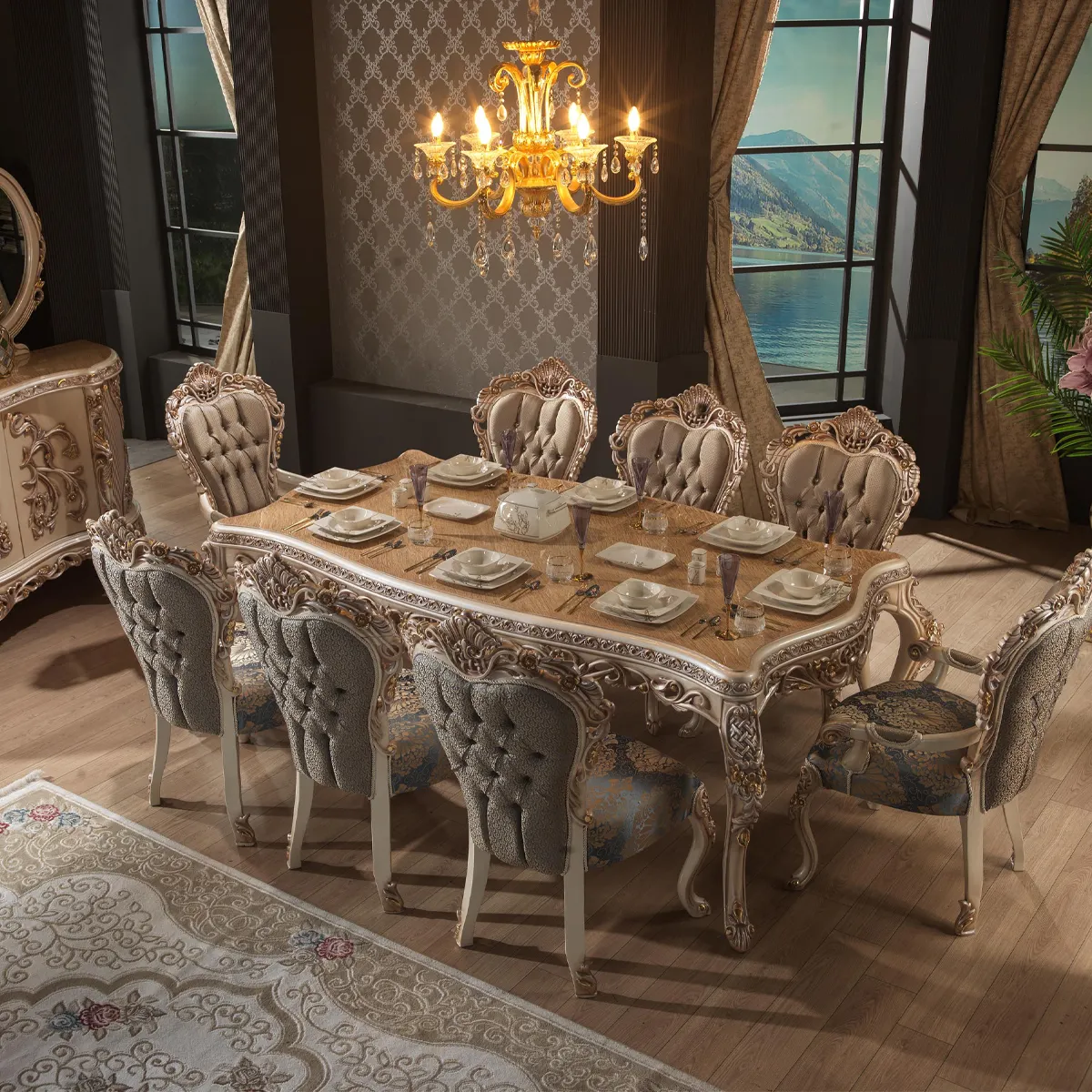 クラシックなトルコのダイニングルームの家具ダイニングテーブルと8つの椅子ロイヤルデザインの家具快適な木製のテーブル