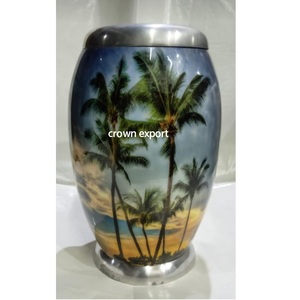 Cremación de metal de aluminio multicolor con cielo y árbol de coco impresos diseños de urnas funerarias terminadas para cenizas de recuerdo - Product Image 1
