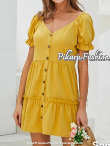 Designer 2024 Collection femmes Vintage robe courte jaune col en V manches courtes décontracté tenue de soirée plage Style européen - Product Image 2