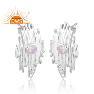 หินอัญมณีสีรุ้งดวงจันทร์ธรรมชาติดีไซน์ทำด้วยมือต่างหูแบบเม็ดกลมพื้นผิวสีเงินแท้ผู้ผลิตเครื่องประดับ - Product Image 2