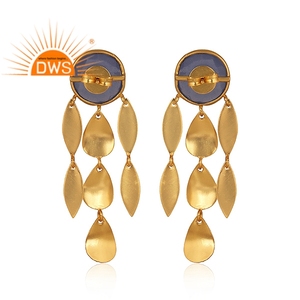 ต่างหูห้อยประดับพลอยแคลเซโดนีสีน้ำเงินแก้ว ดีไซน์ทันสมัยปี 2026 ชุบทอง สำหรับผู้ผลิตเครื่องประดับแฟชั่นแบบสั่งทำ - Product Image 3