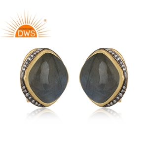 Pendientes de piedras preciosas de labradorita, venta al por mayor, Plata de Ley chapada en oro amarillo de 14K, de tuerca pendientes hechos a mano, joyería, Colección clásica - Product Image 2