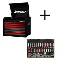BOXO 26" 5 Drawer Tool Cabinet + 155 Pce 1/4"   3/8" Dr. Socket Set Multi purpose Storage Trolley   Hand tools for car repair