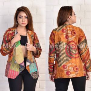 Indian Kantha Handwork Plus Size Reversible Cotton Shrug-Chaqueta con forro de seda de retazos transpirable ecológica - Product Image 1
