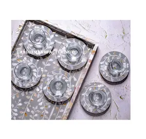 Plateau de service incrusté de nacre Rectangle Direct Factory avec détails en bois et os faits à la main - Product Image 1