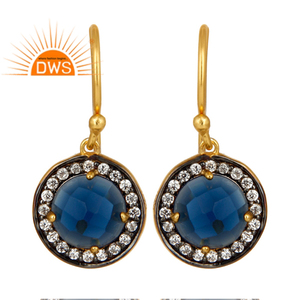 Pendientes de Gancho de Plata 925 Chapados en Oro de 14k, Pendientes de Circonita con Piedra Preciosa de Corindón Azul al por Mayor, Colección Clásica de Joyería - Product Image 3
