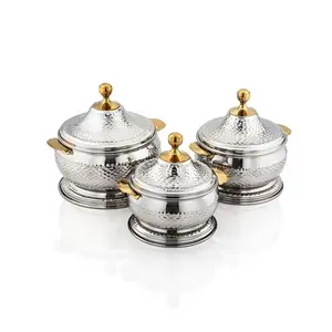 Stainless Steel Set of 3 Hot Pot With Hammered Design Food Serving Pot With Brass Plated Handle & Knob