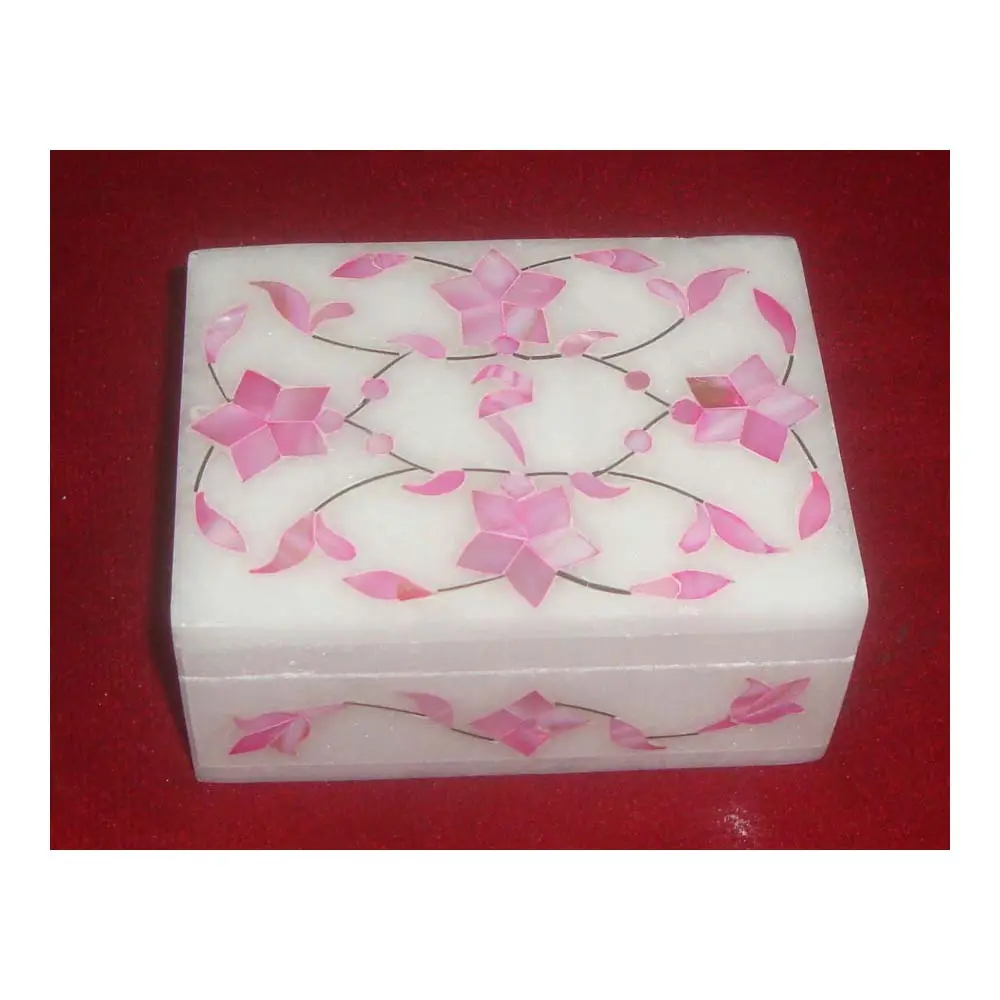 White Marble Handmade Pink Inlay Mother Of Pearl Flower Decoration Rectangular Shape Marble Jewelry Box For Buyers