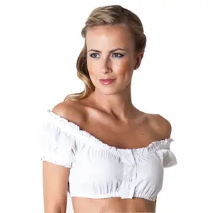 White Dirndl Blouse 3/4 Sleeve Ladies Cotton Vintage German Wear Crop Tops Outfit