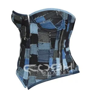 COSH CORSET OverBust Denim Patches Corset Steel Boned Waist Training Extreme Curvy Fashion Wear And Party Wear Denim Corset Top