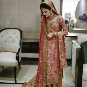 2021 New Beautiful Embroidered Bridal <b>Long</b> Kurta <b>Dress</b> with Stylish Dupatta Stylized Zardozi Work on Silk for Weddings - Product Image 1