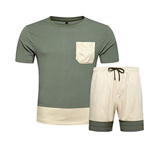 Ensemble de survêtement personnalisé en maille côtelée, t-shirts à manches courtes et shorts d'été, couleur unie - Product Image 4