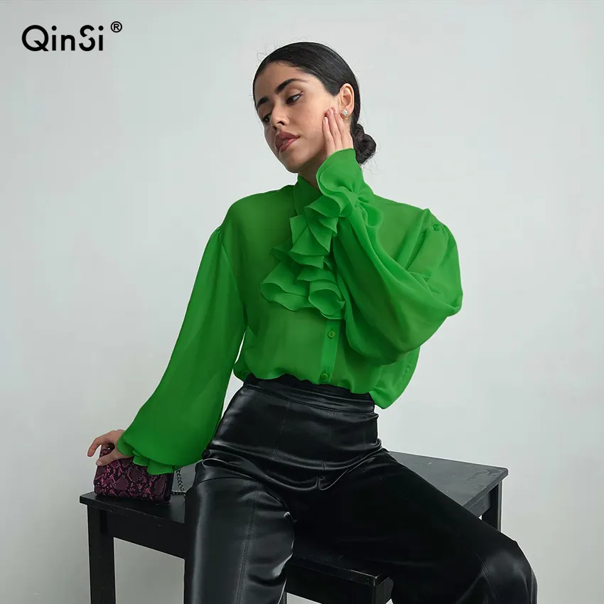 QINSI เสื้อเบลาส์แขนโคมไฟมีระบายสำหรับผู้หญิง,เสื้อชีฟองสีเขียวมีกระดุมสไตล์วินเทจสำหรับสาวออฟฟิศลำลอง