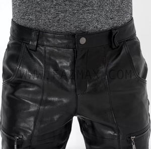 Pantalon décontracté en cuir véritable, pour hommes d'affaires, coupe Slim, noir, - Product Image 4