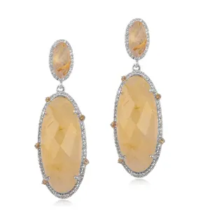 Good quality handmade beautiful 925 sterling silver golden rutile gemstone CZ fashion jewelry stud dangle earrings