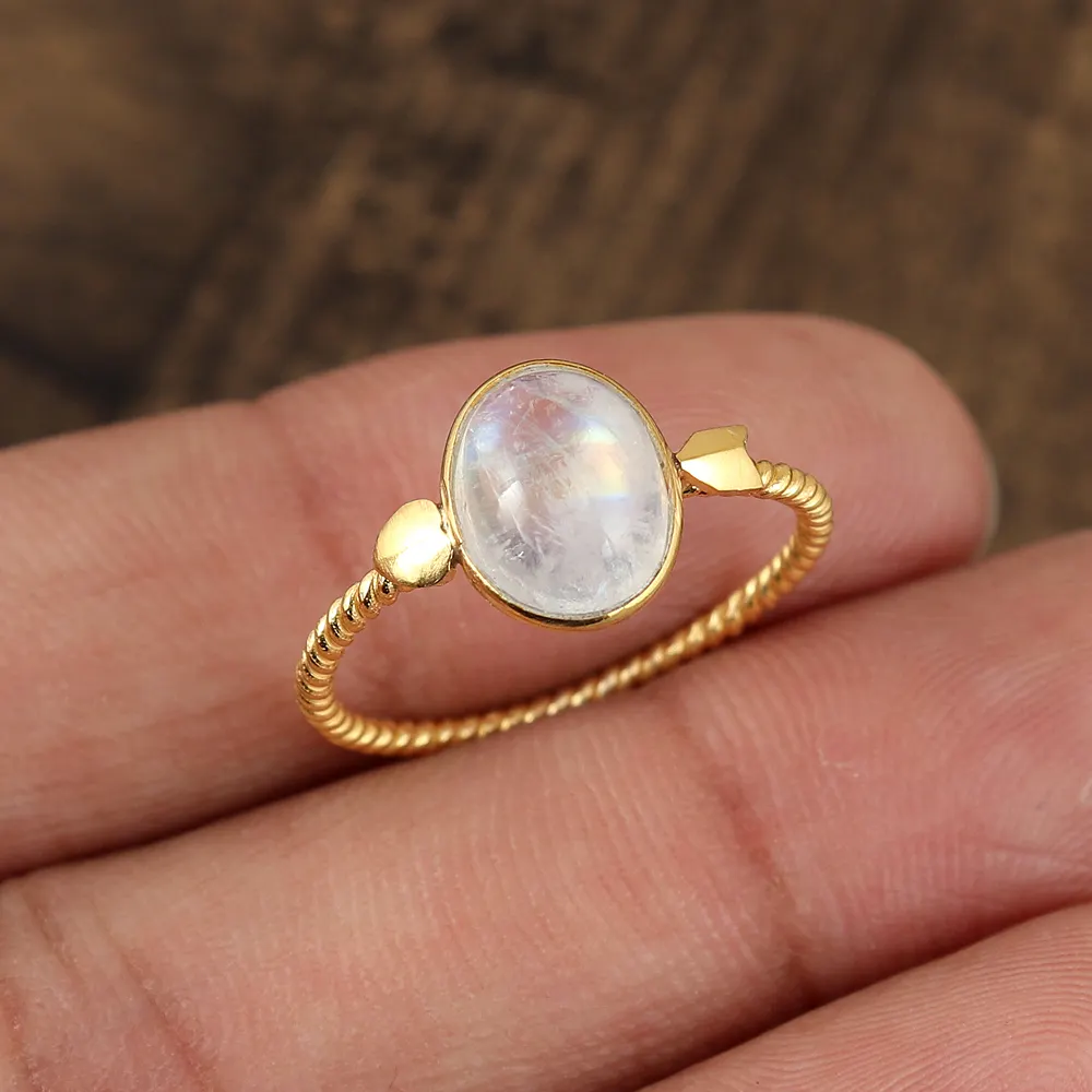 Hot Selling Natural Rainbow Moonstone Gemstone Women Fashion Jewelry 925 Sterling Silver 18K Gold Vermeil Customize Ring SKR-231