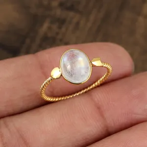 Elegant Natural Rainbow Moonstone Gemstone Bridal Gift Fine Silver Jewelry 925 Sterling Silver Gold Vermeil Moonstone Ring