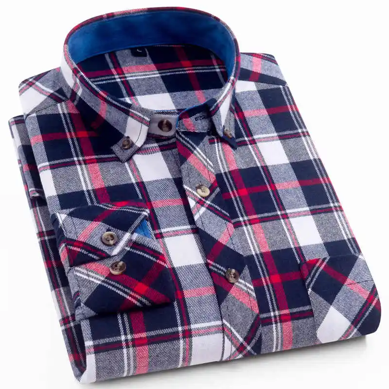 Men's Stylish Shirt Flannel Long Sleeve Green Plaid Dress Shirts Chest Pocket Standard-fit Brushed Checkered Cotton Male Shirts