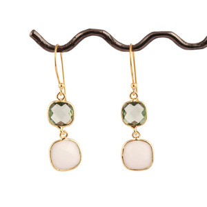 Roxi — boucles d'oreille en forme de coussin améthyste vert, quartz et agate blanche, plaqué or, double pierre, pendentifs - Product Image 3