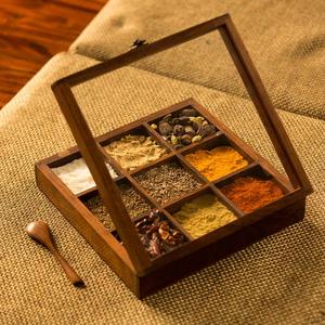 Wooden Spice <b>Box</b> with 9 Compartments Detachable Design Hand Crafted Masala Dabba with Spoon for <b>Kitchen</b> <b>Storage</b> Qualcosa Brand - Product Image 1