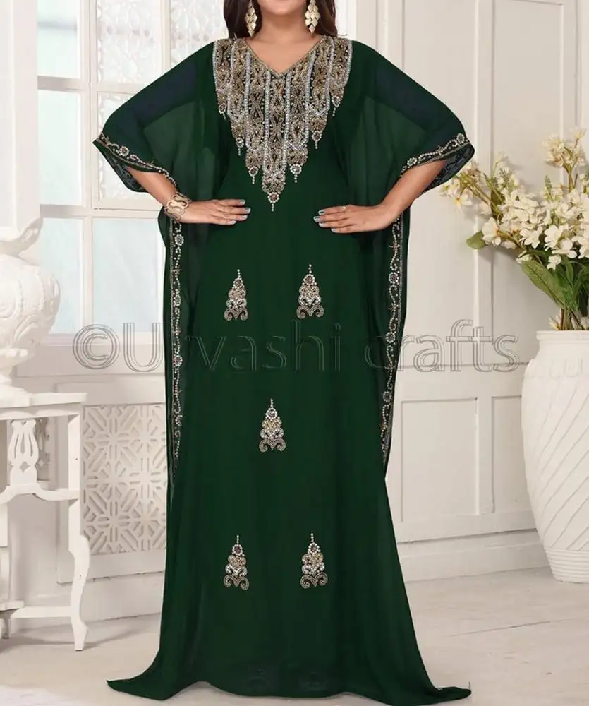 Trendy Collection Beaded Islamic Abaya V-Neckline Georgette fabric Dubai Wedding Wear Loose Fitting Comfortable Muslim Kaftan