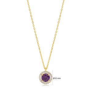 Collar minimalista de amatista de forma redonda con piedra de circón, abalorio de corte redondo, joyería de plata de ley 925 hecha a mano turca - Product Image 2