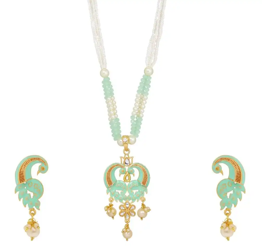 Kundan pingente de pérolas falsas, joias indianas com pérolas, peacel, esmalte, colar de fio, conjunto de joias para mulheres, turquesa