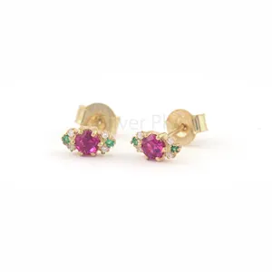 Chính Hãng Ruby & Emerald Đá Quý Studs Earrings Rắn 14K Vàng Vàng Tối Giản Kim Cương Earrings Bán Buôn Đồ Trang Sức Nhà Cung Cấp