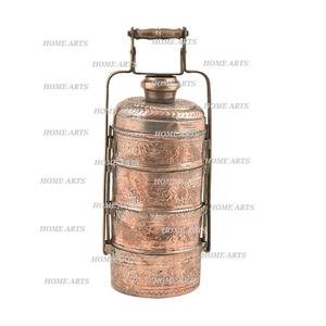 Lonchera Tiffin de Cobre Hecha a Mano con 4 Compartimentos, Calidad Deluxe, Forma Redonda, Bento Box para Oficina - Product Image 1