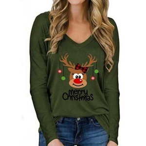 Women's Crew Neck Three Quarter Sleeve Summer Knitted <b>Christmas</b> Reindeer Print Cotton T-<b>Shirt</b> Cute Cartoon Design Casual Wear - Product Image 1