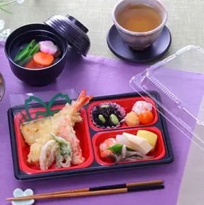 Caja de almuerzo Bento desechable para llevar, fiambrera japonesa de calidad de 4 compartimentos en rojo y negro