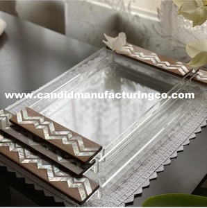 Plateau en acrylique, plateau en nacre, incrustation en bois, plateau de service en bois d'acacia avec incrustation en nacre - Product Image 3