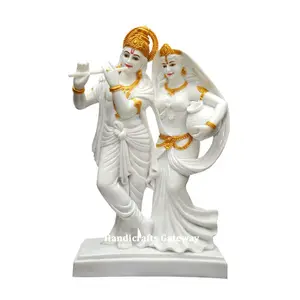 Hermosos Ídolos Religiosos de Radha Krishna Pintados en Mármol Makrana - Figura de Piedra de Alta Calidad - Product Image 1