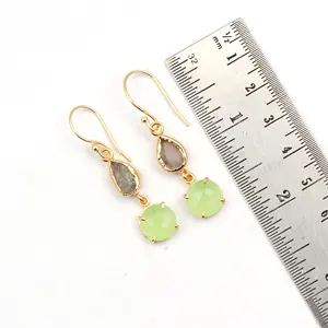 New design aqua marine & chrysoprase earring wholesale for women jewelry rough stone earrings gold plated gemstone earrings pair