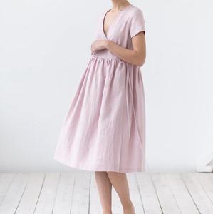 <b>Pink</b> V-neck Short Sleeve Linen Knee-Length Dress <b>Wrap</b> and Tie A-line Loose Formal Breathable Summer with Pockets - Product Image 5