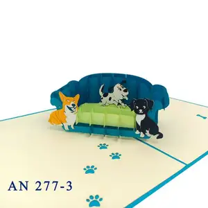 Собаки на диване, всплывающие 3D-открытки, оптовая продажа, ручная работа, поздравительная открытка с животными, сделанная во Вьетнаме, лазерная резка, индивидуальный подарок для друга