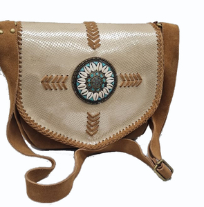 Sac à main bandoulière personnalisé en coton et cuir véritable pour femme Sier, avec rabat, logo clé, fermeture éclair et décoration à rivets croisés - Product Image 3