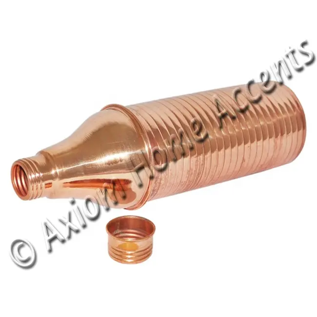 Private Label Indian Manufacturer Pure Copper Water Bottle Mirror Polished Leakproof Threaded Lid by Axiom Home Accents