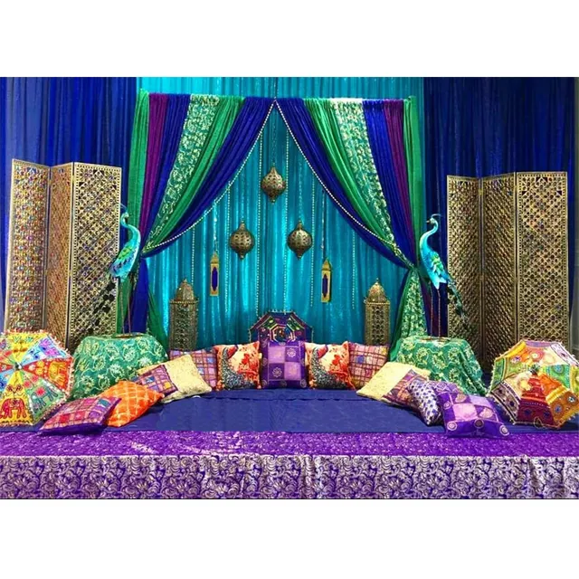 Tema mehndi de casamento estilo indiano, tema de casamento, pedaleiro colorido, palco, noivado, mehndi, decoração de palco