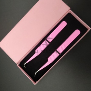 Pinzas de pestañas de 45 grados y 90 grados, pinzas de extensión de pestañas de acero inoxidable sólido con agarre de diamante rosa fuerte para puntas de fibra de volumen - Product Image 2