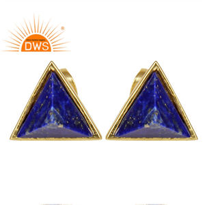 Boucles d'oreilles clous en laiton plaqué or jaune avec lapis-lazuli taillé en triangle pour femme, bijoux de mode - Product Image 1