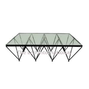 Table basse en fer avec plateau en verre trempé, design géométrique, finition dorée, mobilier moderne, accessoires robustes pour hôtel - Product Image 4
