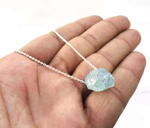 สร้อยคอ92.5ทำด้วยมือสีเงิน20 "สร้อยคอยาวพลอยอความารีนธรรมชาติไม่ผ่านการบำบัดสไตล์โซ่ - Product Image 2