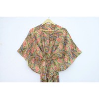 Robe Kaftan d'été en coton indigo imprimé, longueur genou, taille naturelle, écoresponsable, pour femme, idéale comme cache-maillot de plage
