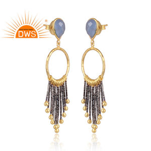 Pendiente de diseñador de Calcedonia azul de latón chapado en oro de diseñador, joyería de moda para mujer, regalo para su delicada colección - Product Image 2