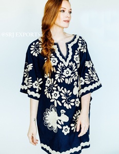 Tuniques en coton pour femmes, style bohème paon, robe courte, broderie mexicaine florale, écoresponsable, plage – Meilleur prix de gros - Product Image 3