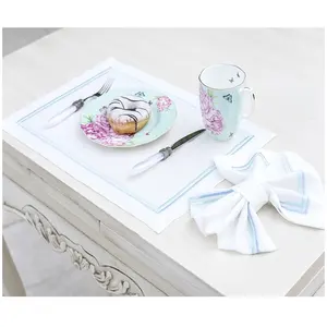 刺绣浅蓝色双线白色棉餐垫 & 餐巾套装家庭餐厅婚礼奢华餐垫 & 餐巾套装