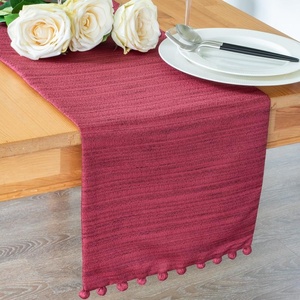 Red Cotton Table Runner With Pom Pom Trim Solid Color Woven Simple Style Home Use Washable - Product Image 2