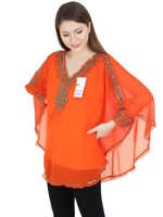 Haut Kaftan Plaid Grande Taille à Col en V Brodé de Perles et Paillettes Fait Main pour Femme en Georgette de Haute Qualité – Collection Automne-Printemps Décontractée